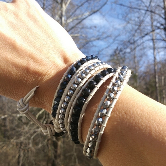 White Leather Wrap Beaded Bracelet - Picture 5 of 5